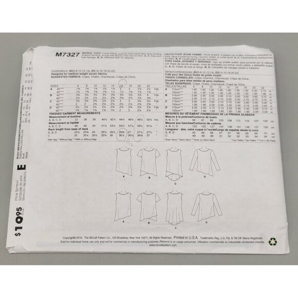 McCalls Pattern Misses Asymetrical Pullover Tops Size E5 14-22 M7327 UNCUT - Picture 3 of 3